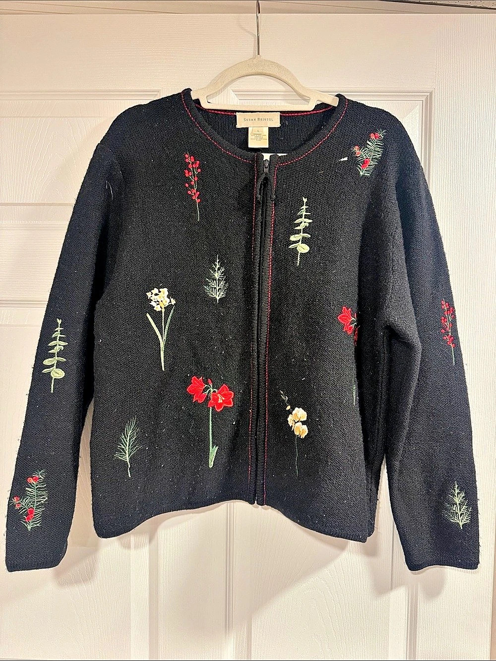 Susan Bristol Black Floral Embroidered Crew Neck
